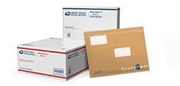 Image of Priority Mail, Priority Mail Express boxes, and a Ready Post envelope.