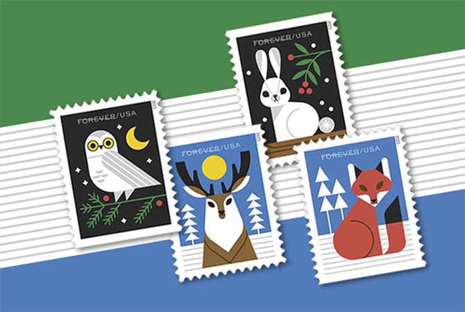 Winter Woodland Animals Forever Stamps.